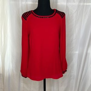 Cache Red Airy Cold Shoulder Blouse with Black Bead Detail size XS